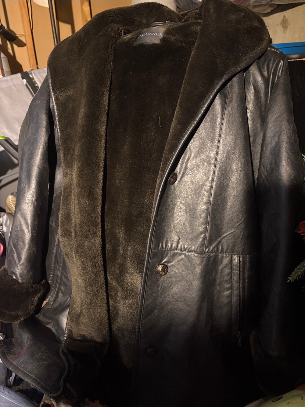 Women's Dark Brown Faux Leather Jacket with Plush Fur Trim